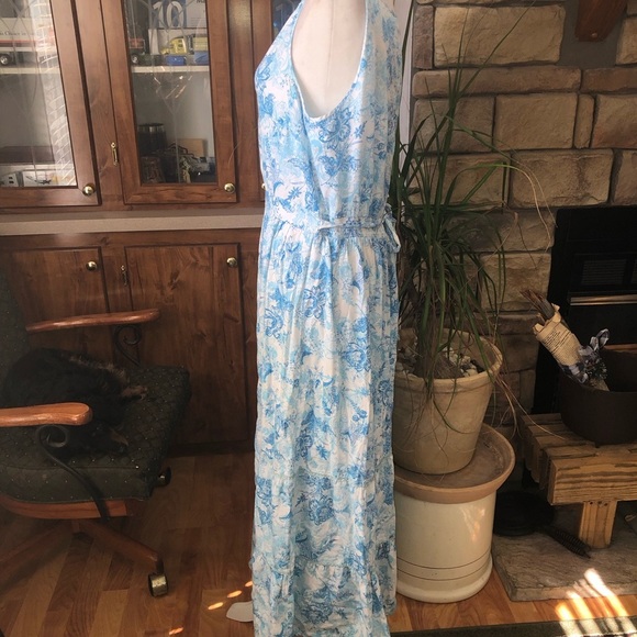 VICTORIA HILL SIZE 14 BLUE FLORAL SLEEVELESS DRESS WITH EMBROIDERED TRIM EUC - Picture 4 of 6
